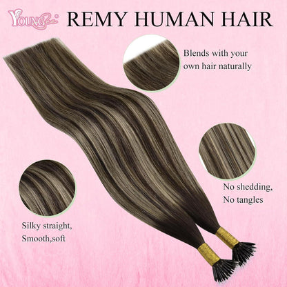 Echthaar Nano Ring Extensions Dunkelbraun Ombre Blond 55cm