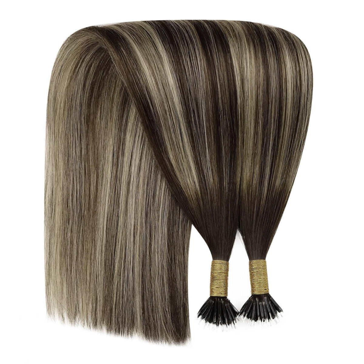 Echthaar Nano Ring Extensions Dunkelbraun Ombre Blond 55cm