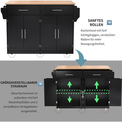 Kücheninsel mit Klappplatte & Rollen – Schwarz