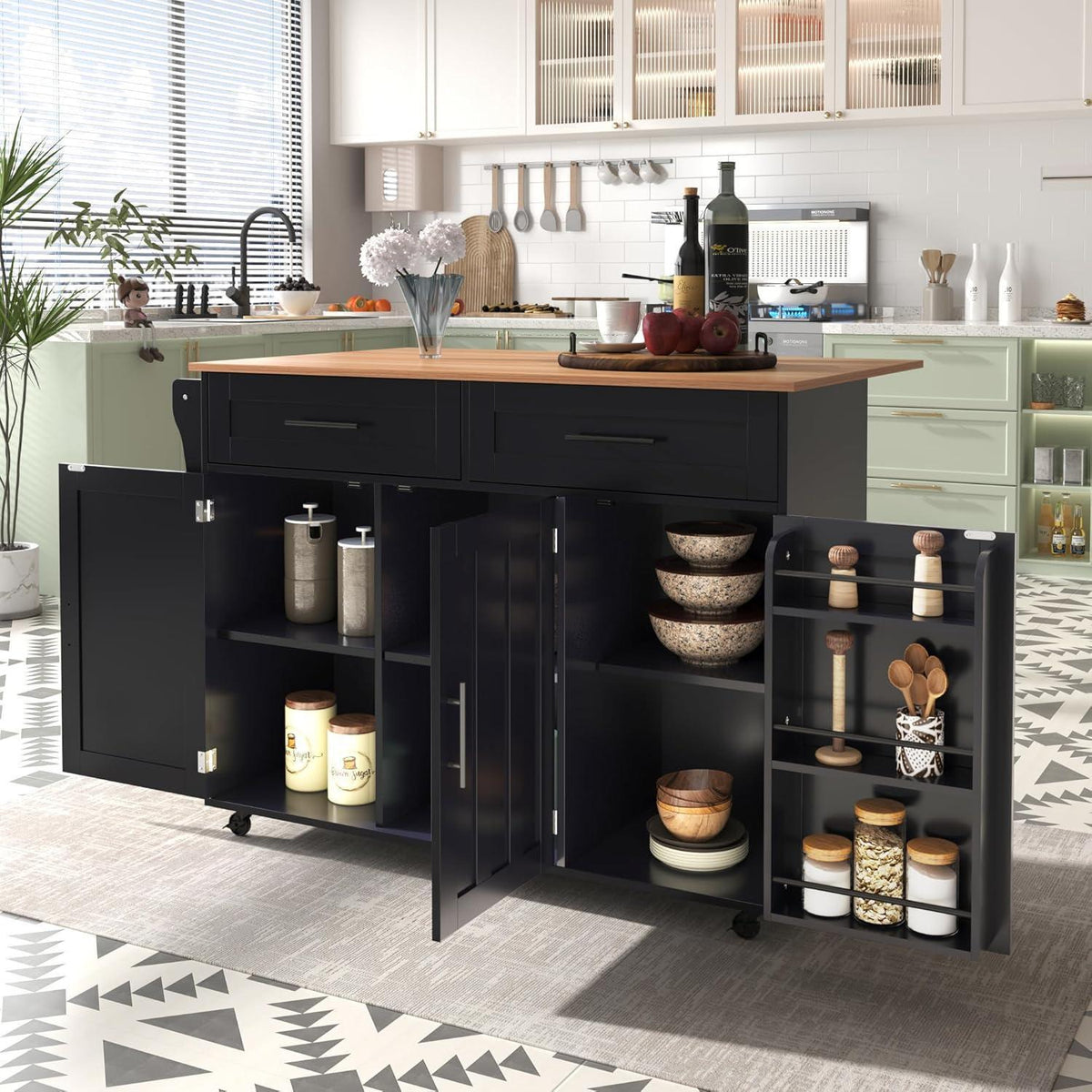 Freistehende Kücheninsel mit Klappplatte & Rollen – Schwarz