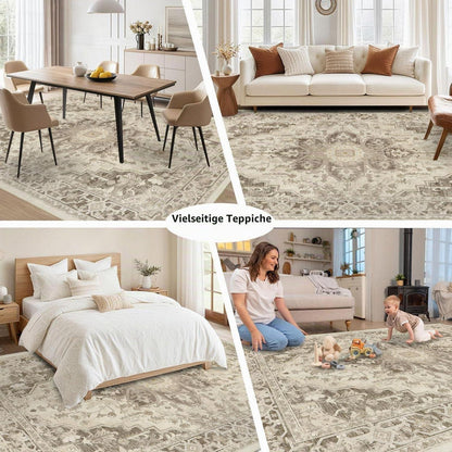 Vintage Boho Teppich 200x300cm - Waschbarer Wohnzimmerteppich Taupe