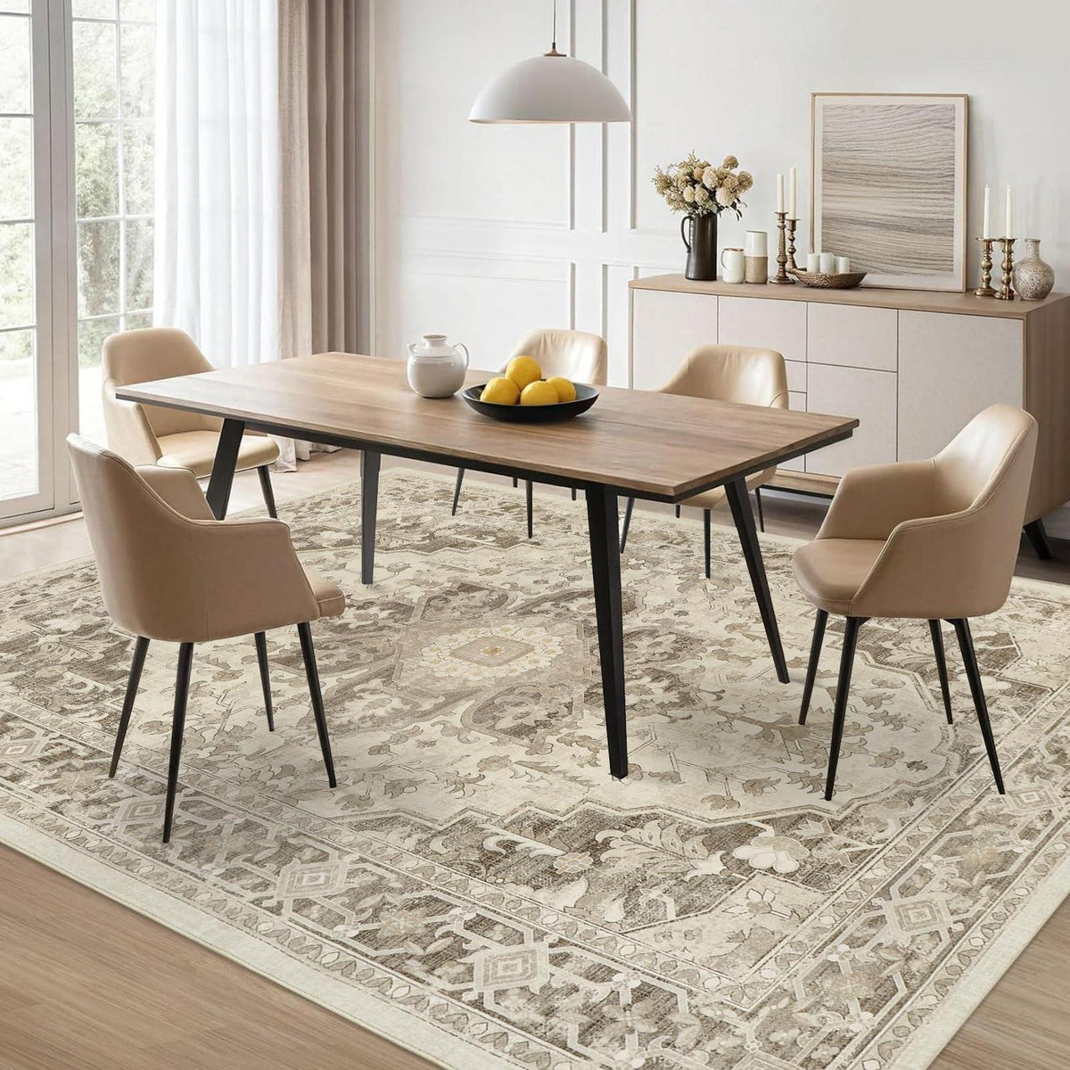 Vintage Boho Teppich 160x230cm – Waschbarer Wohnzimmerteppich Taupe
