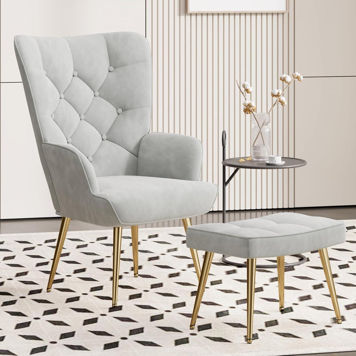 Loungesessel mit Hocker, Samt Grau – Modernes Wohnzimmer Sofa
