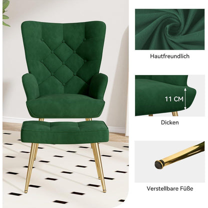 Modernes Relaxsessel mit Hocker, Samt, Grün