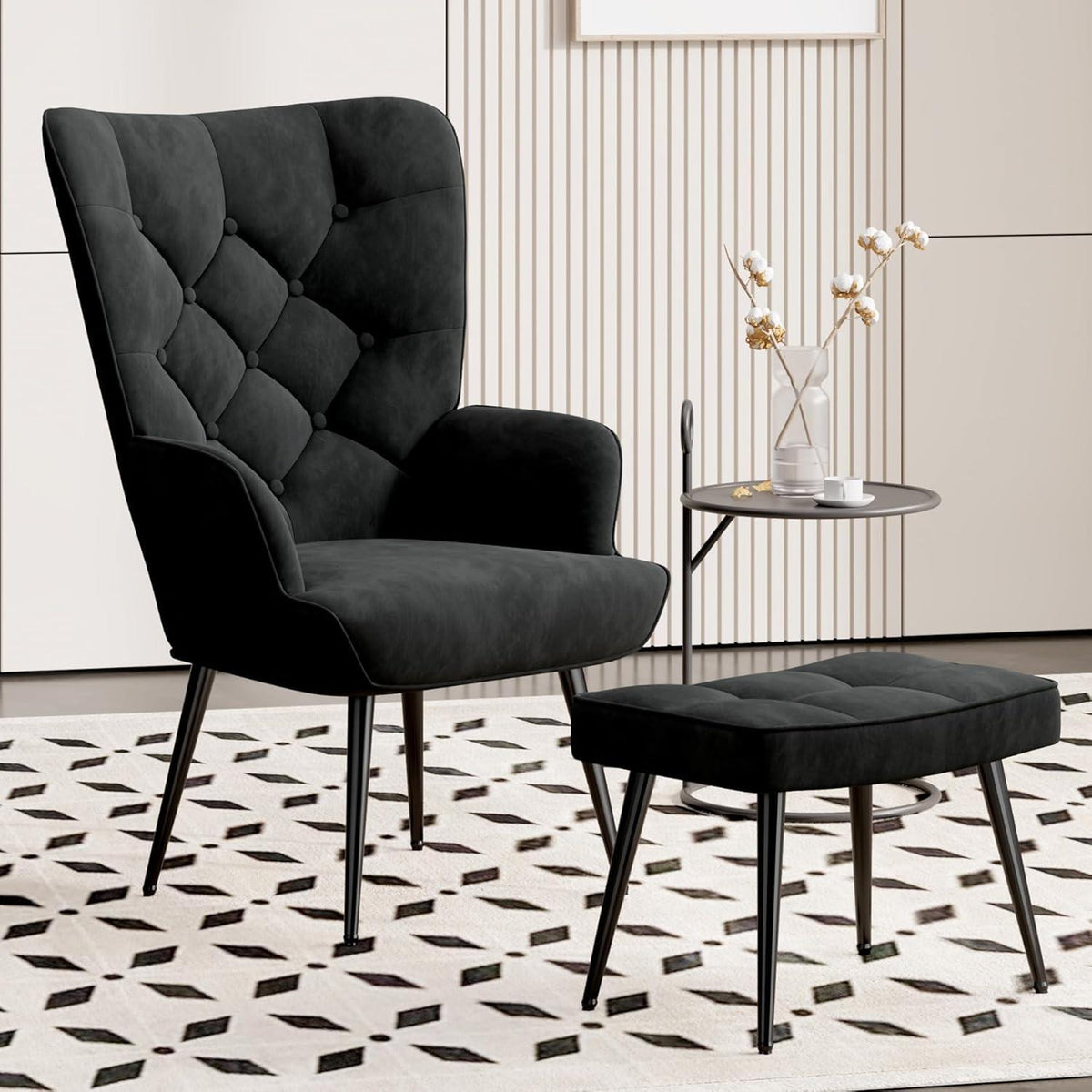 Loungesessel Schwarz mit Hocker – Modernes Samt Relax Sofa