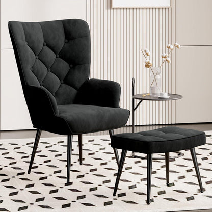 Loungesessel Schwarz mit Hocker – Modernes Samt Relax Sofa
