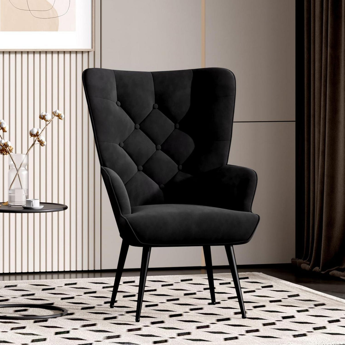 Moderner Loungesessel mit Samt & Metallfüßen – Schwarz