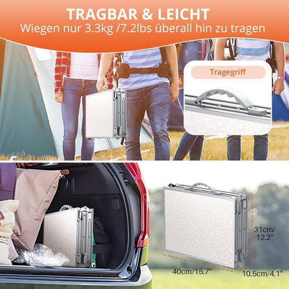 Klapptisch Aluminium 87x40cm mit 3 Höhen, Picknicktisch Outdoor Weiß/Silber
