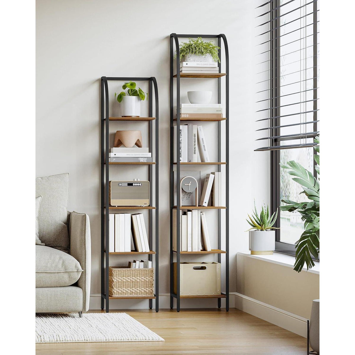 Schmales Bücherregal 6 Ebenen, Braun-Schwarz, Industriestil