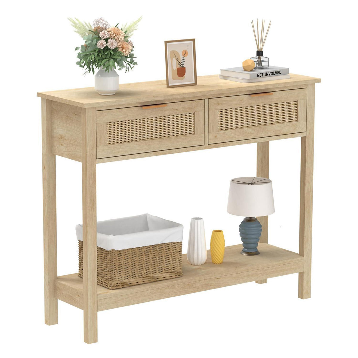 Boho Rattan Konsolentisch mit Schubladen & Regal