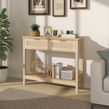 Boho Rattan Konsolentisch mit Schubladen & Regal
