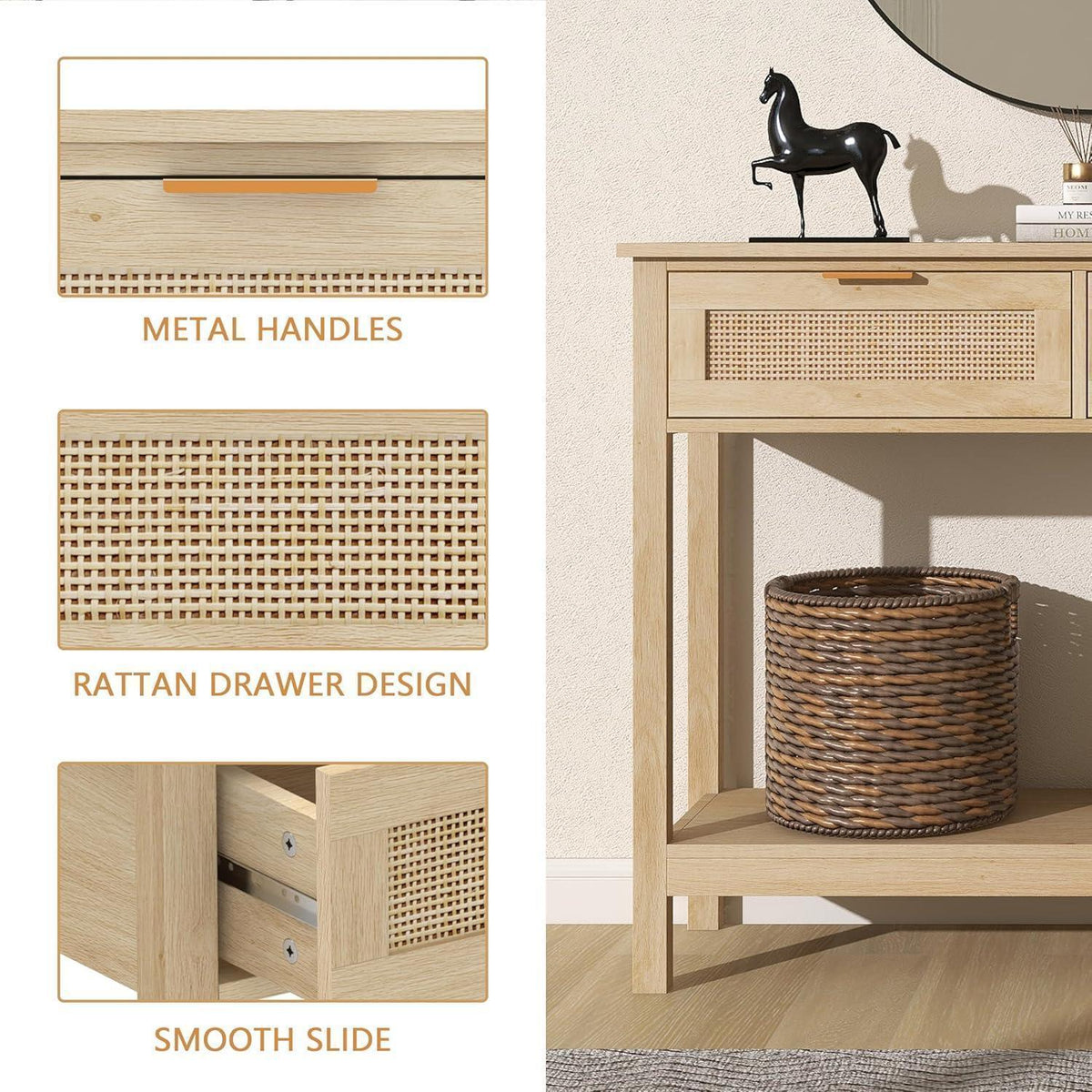 Boho Rattan Konsolentisch mit Schubladen & Regal