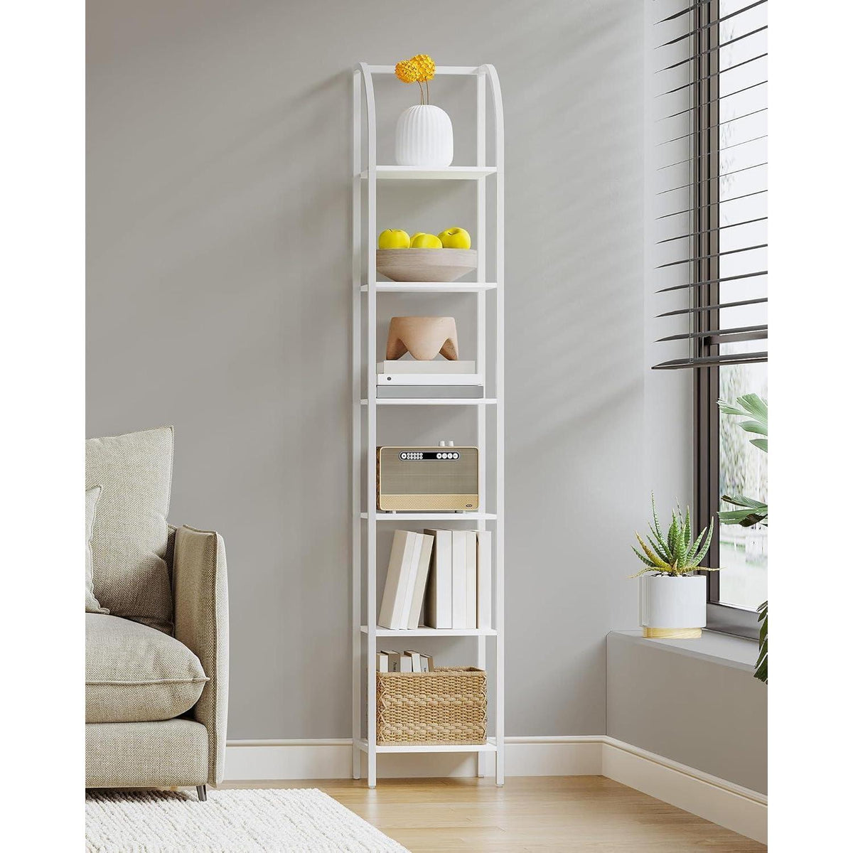 Schmales Bücherregal weiß, 6 Ebenen, Industriestil