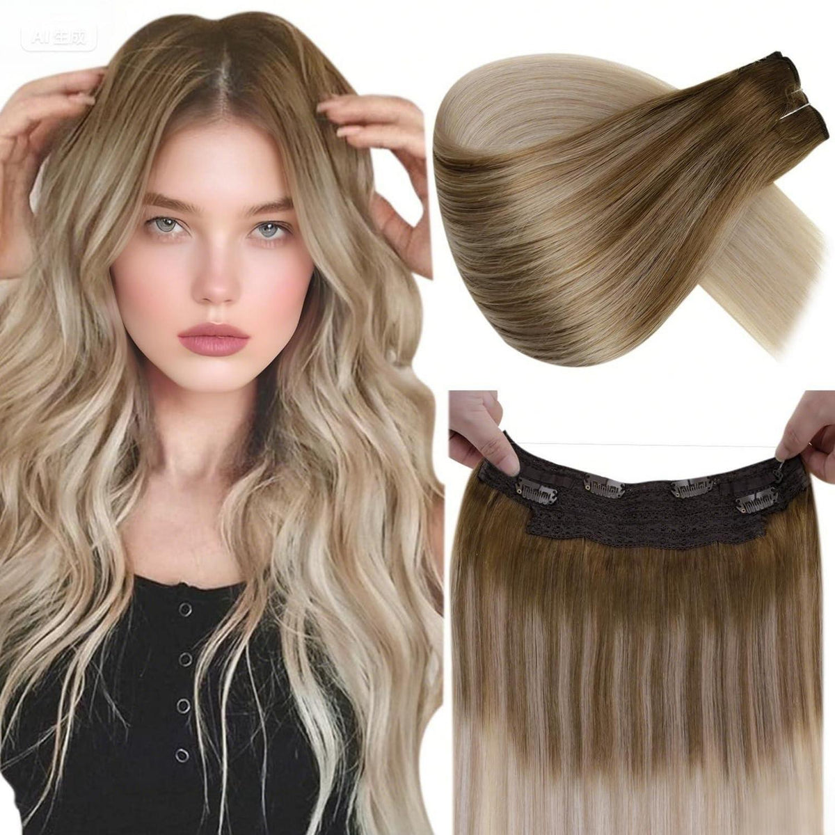 Echthaar Verlängerung Draht Blond Balayage Ombre 45cm