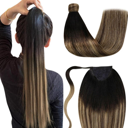 Echthaar Pferdeschwanz Extension Ombre Braun Schwarz Karamellblond 45cm