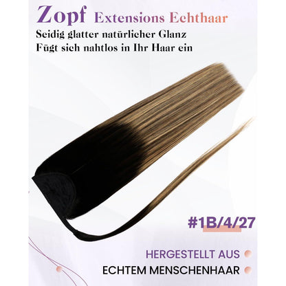 Echthaar Pferdeschwanz Extension Ombre Braun Schwarz Karamellblond 45cm