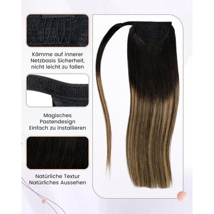 Echthaar Pferdeschwanz Extension Ombre Braun Schwarz Karamellblond 45cm