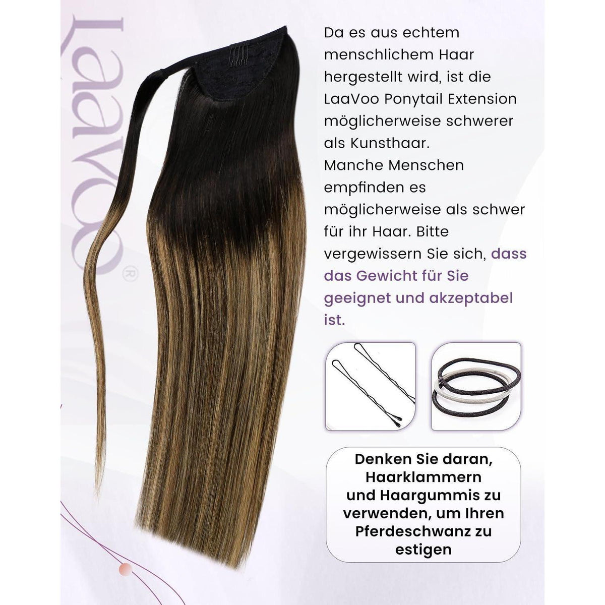 Echthaar Pferdeschwanz Extension Ombre Braun Schwarz Karamellblond 45cm