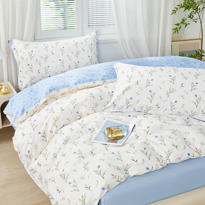 Blumen Bettwäsche Set 200x200 Baumwolle Blau Botanisch