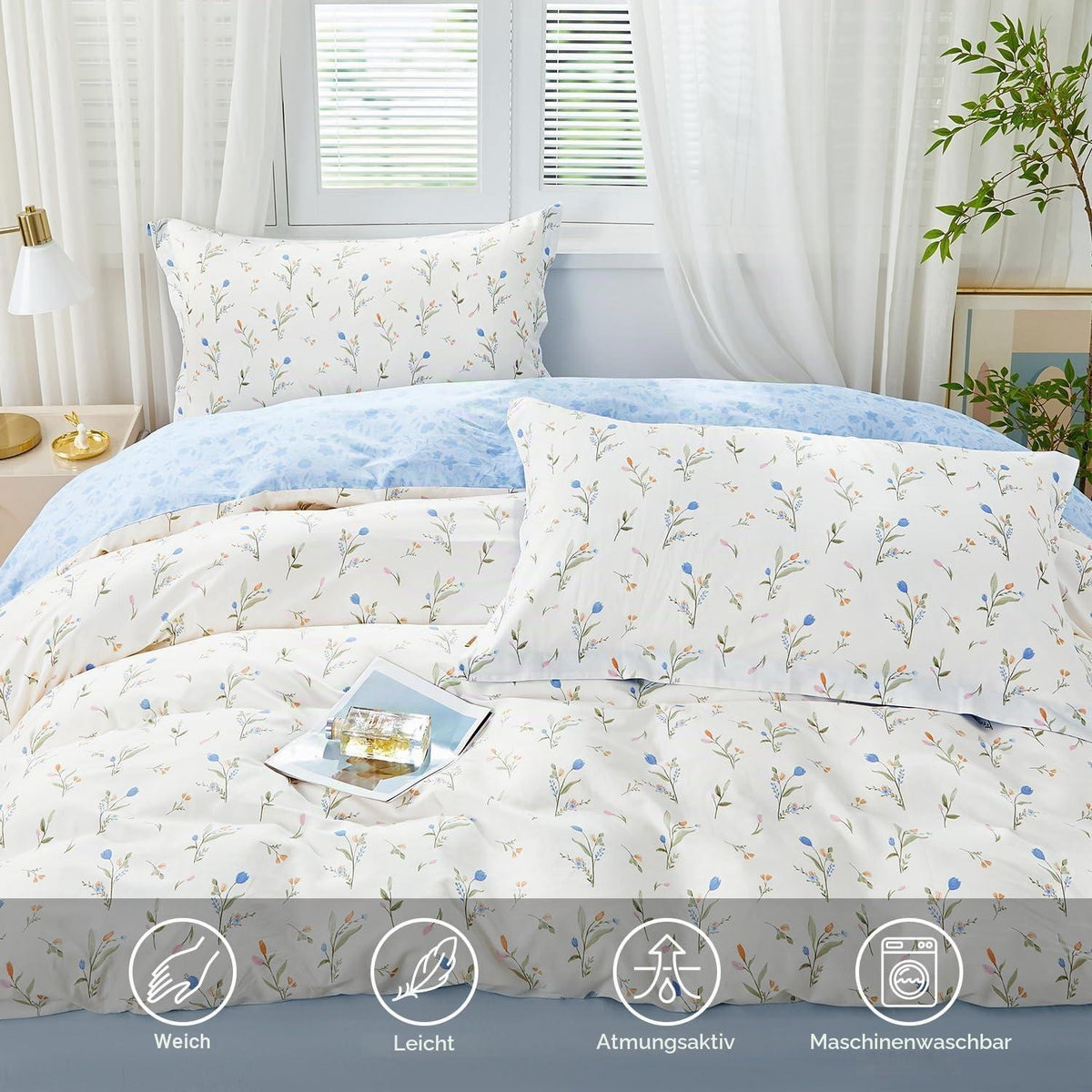 Blumen Bettwäsche Set 200x200 Baumwolle Blau Botanisch