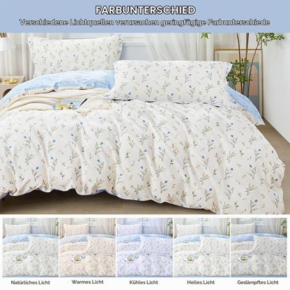 Blumen Bettwäsche Set 200x200 Baumwolle Blau Botanisch