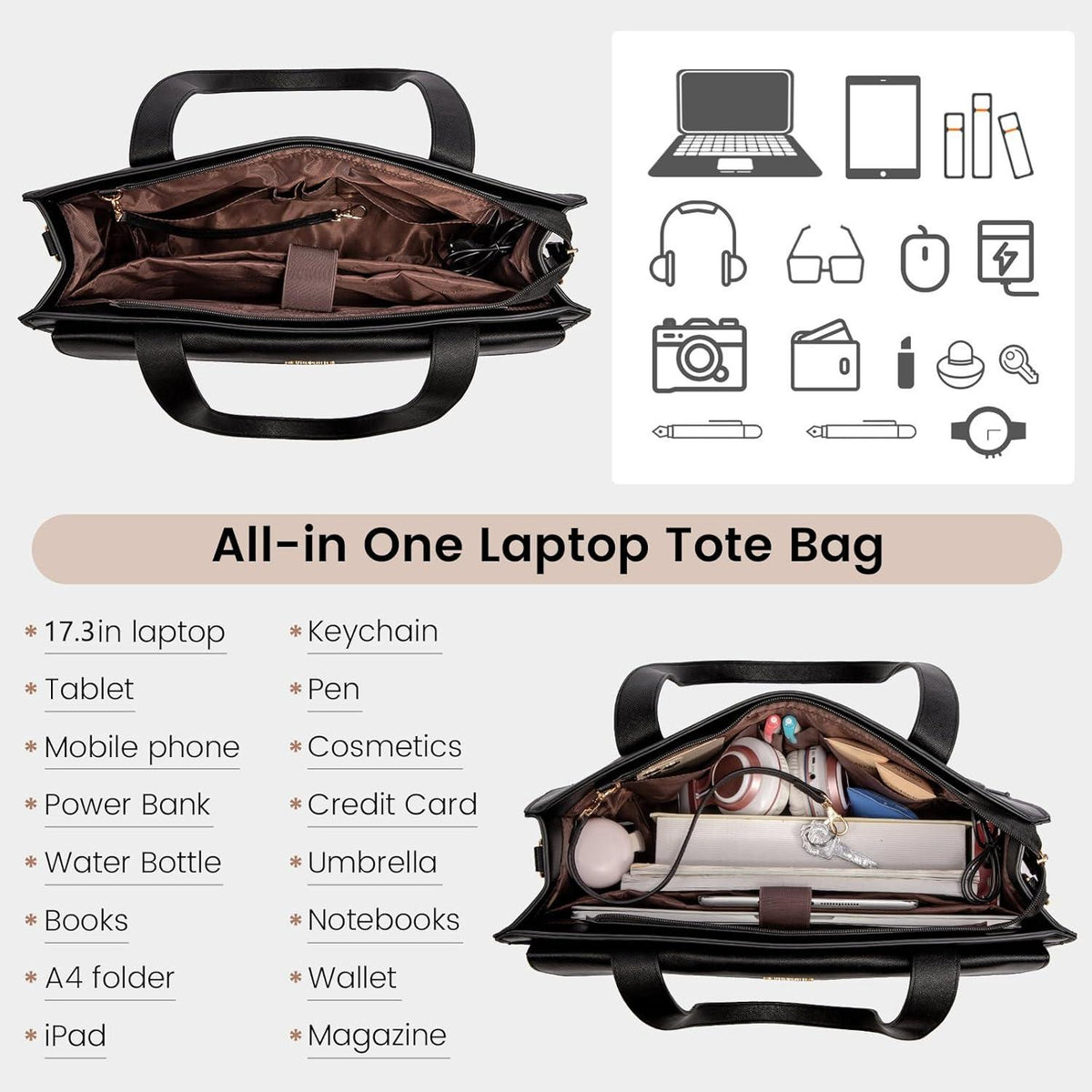 LOVEVOOK Laptop Handtasche Damen 17,3 Zoll Schwarz PU Leder