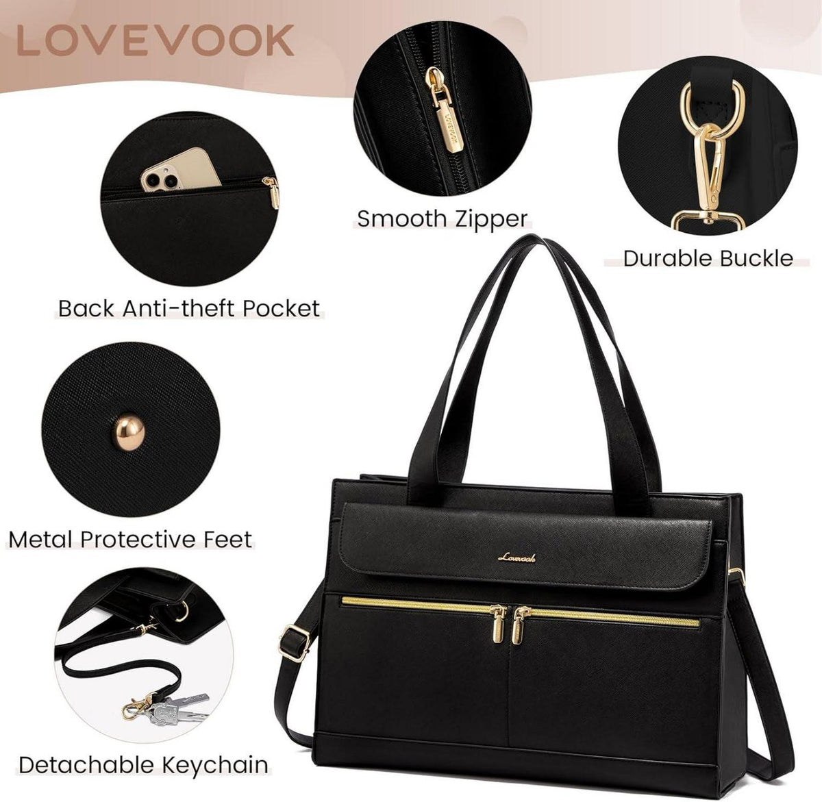 Große LOVEVOOK Laptop Handtasche Damen 17,3 Zoll Schwarz