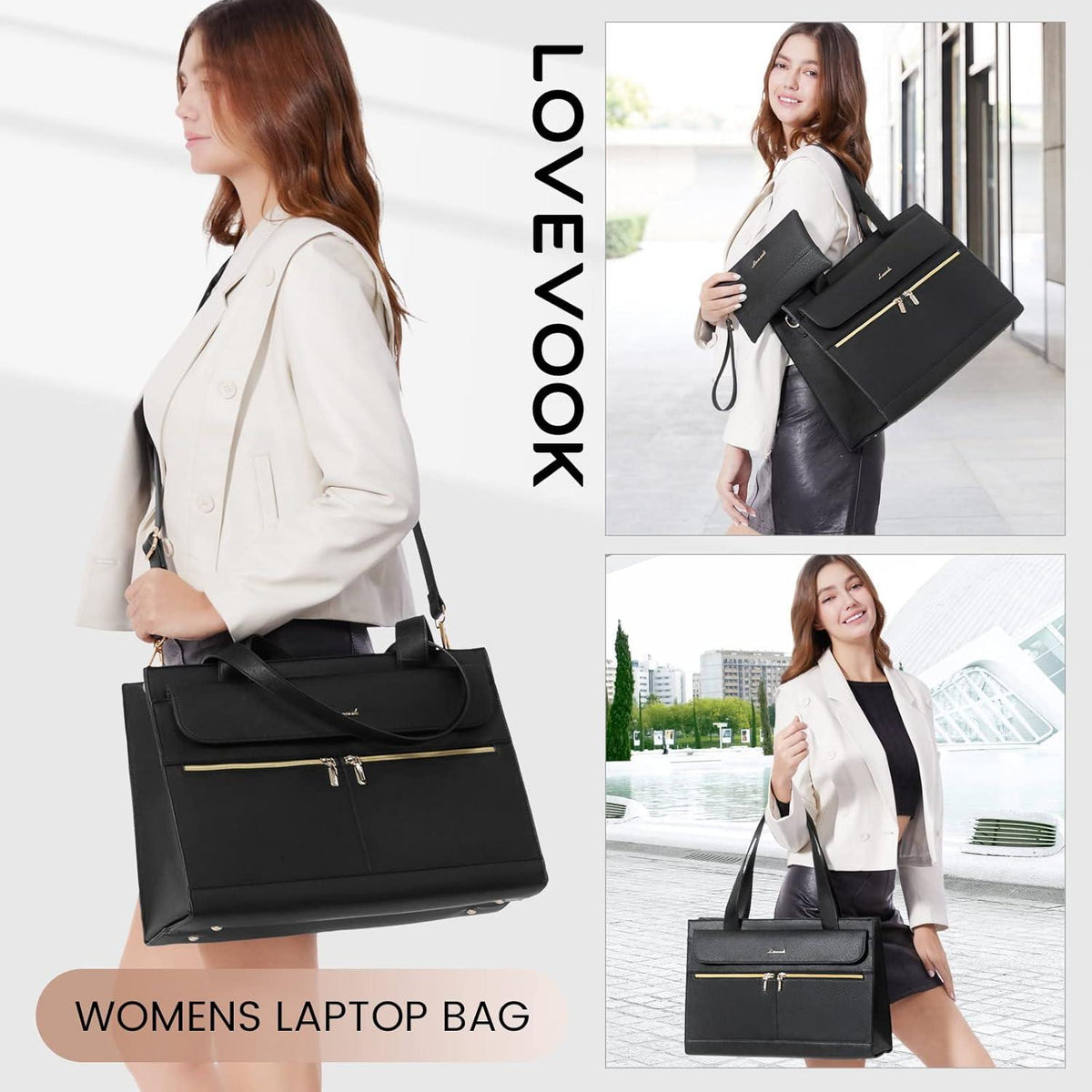 Laptop Handtasche Damen 17,3 Zoll PU Leder Schwarz wasserdicht