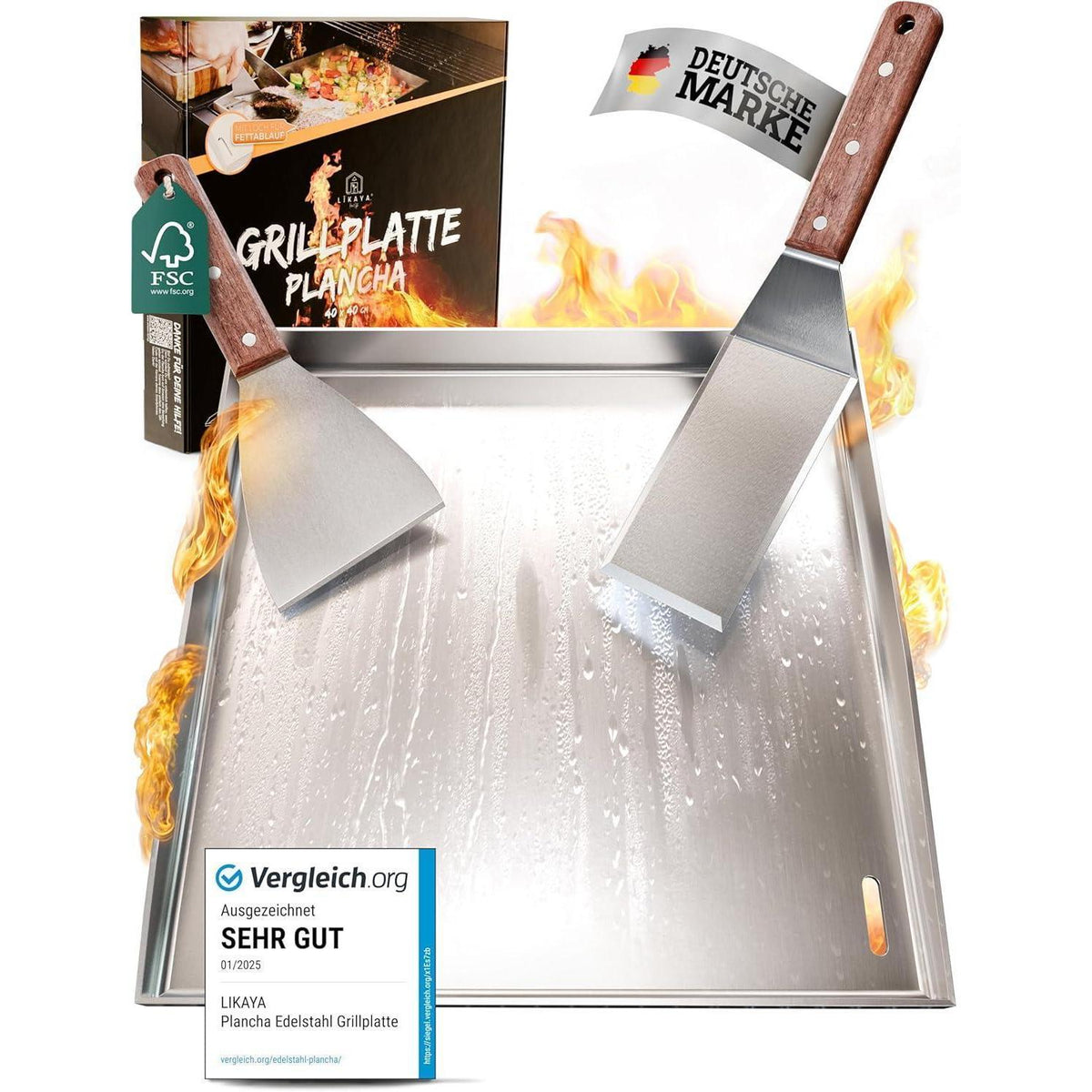 Plancha Grillplatte 40x40cm mit 2 Spachteln aus Edelstahl