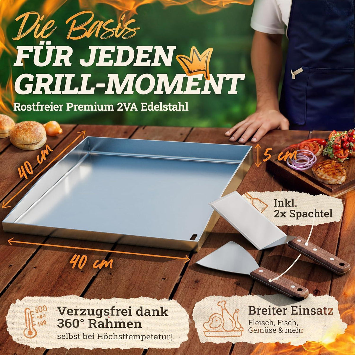Plancha Grillplatte 40x40cm mit 2 Spachteln aus Edelstahl