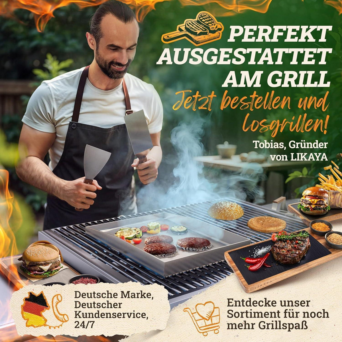 Plancha Grillplatte 40x40cm mit 2 Spachteln aus Edelstahl