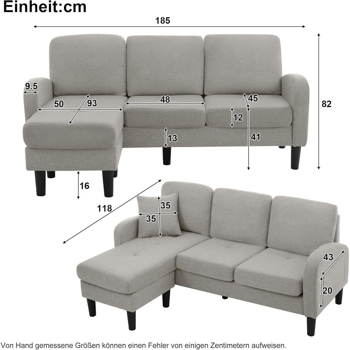 L-förmiges Ecksofa Grau – 3-Sitzer Sofa für Wohnzimmer