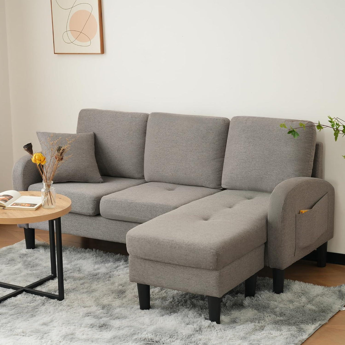 L-förmiges Ecksofa 3-Sitzer, Dunkelgrau, Baumwolle & Leinen