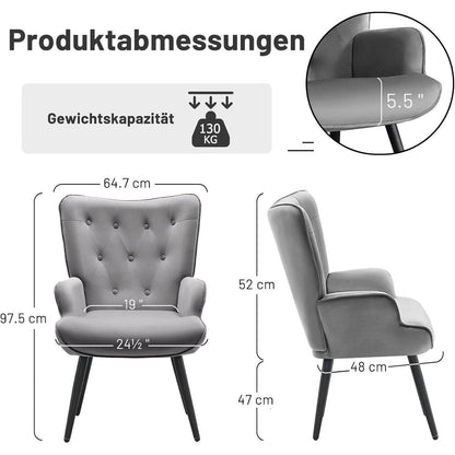 Ohrensessel 2er Set Grau – Samt Lesesessel mit hoher Rückenlehne