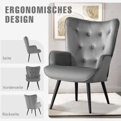 Ohrensessel 2er Set Grau – Samt Lesesessel mit hoher Rückenlehne