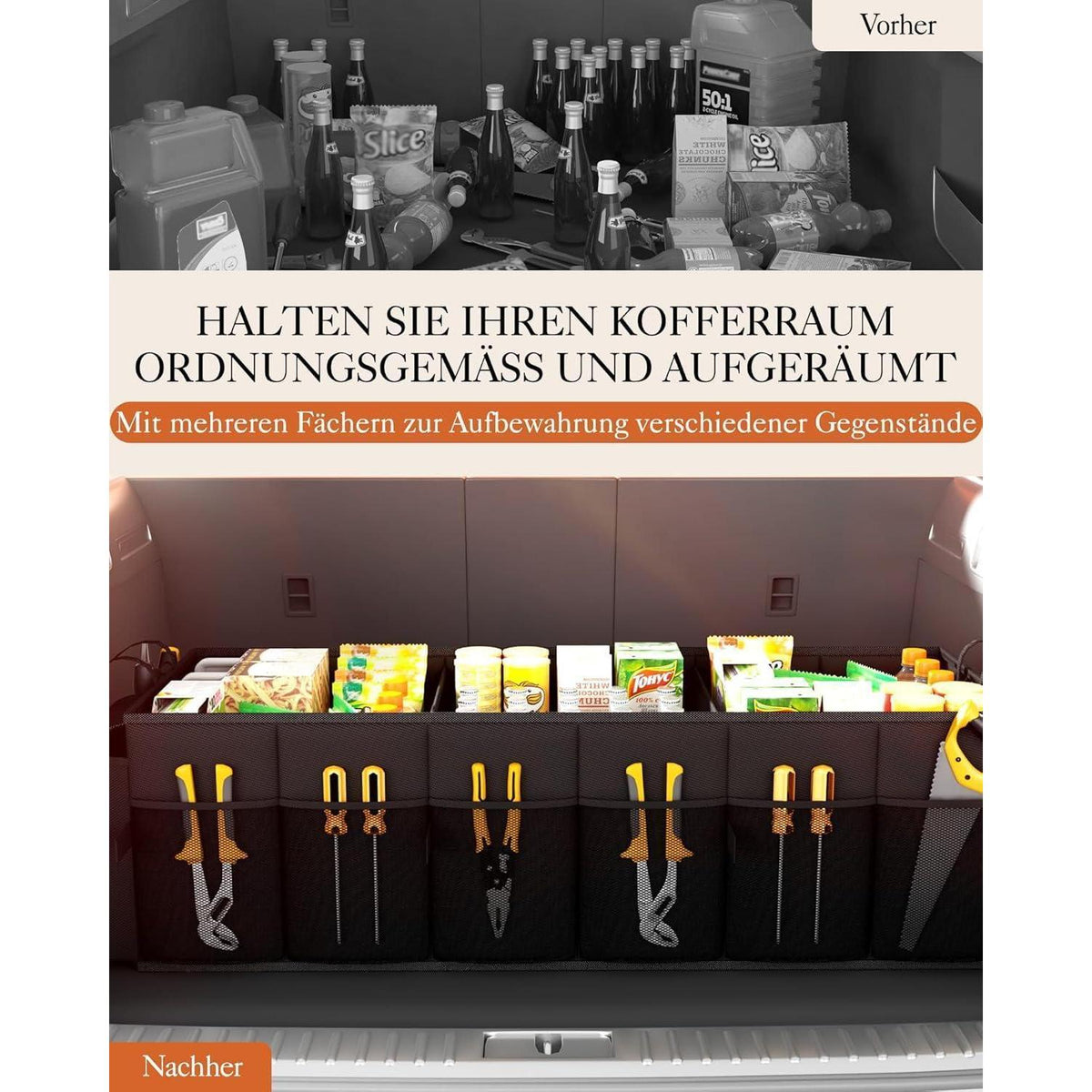 Faltbarer Kofferraum Organizer – 3 Fächer, Stabil & Groß