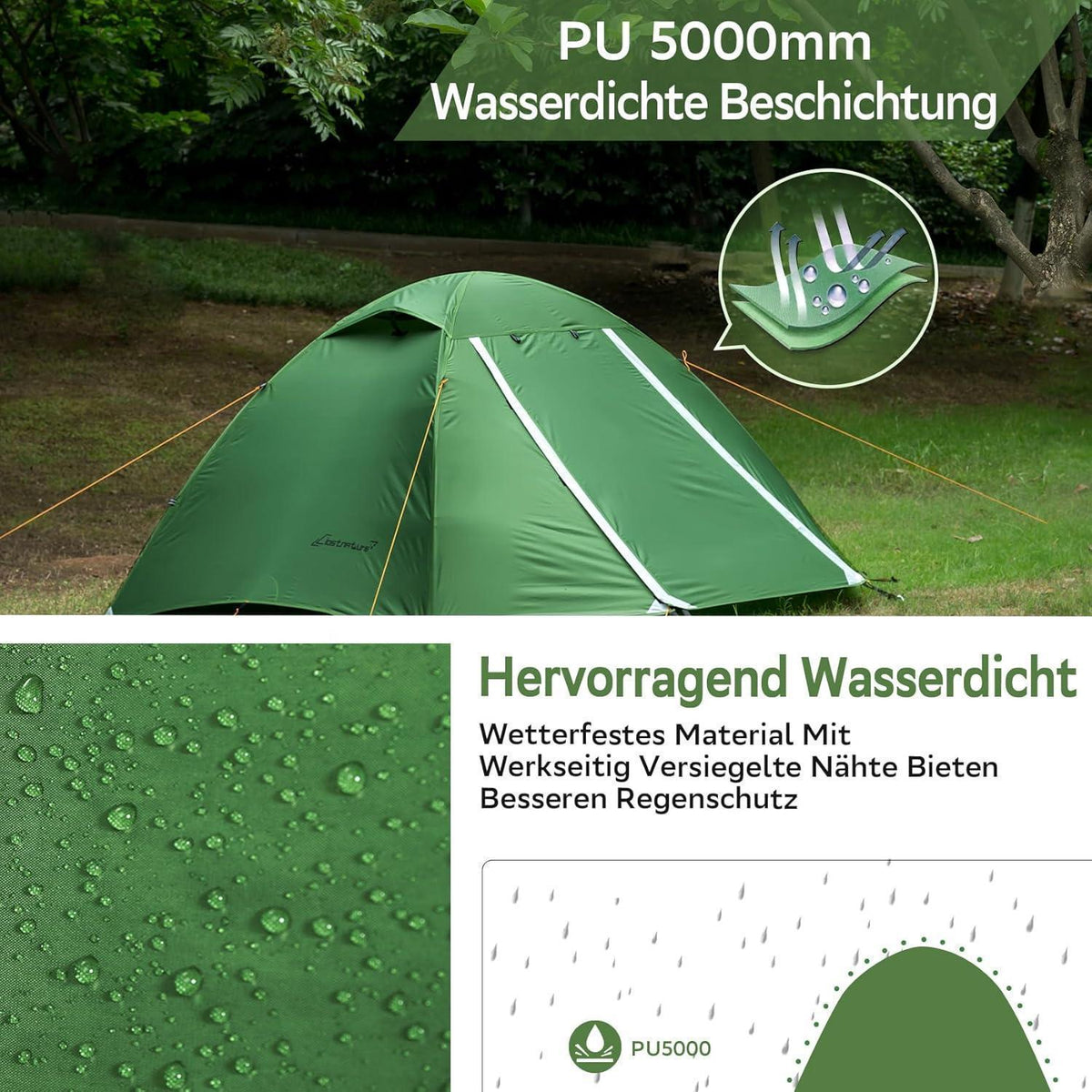 2 Personen Kuppelzelt wasserdicht leicht 3-4 Jahreszeiten Grün