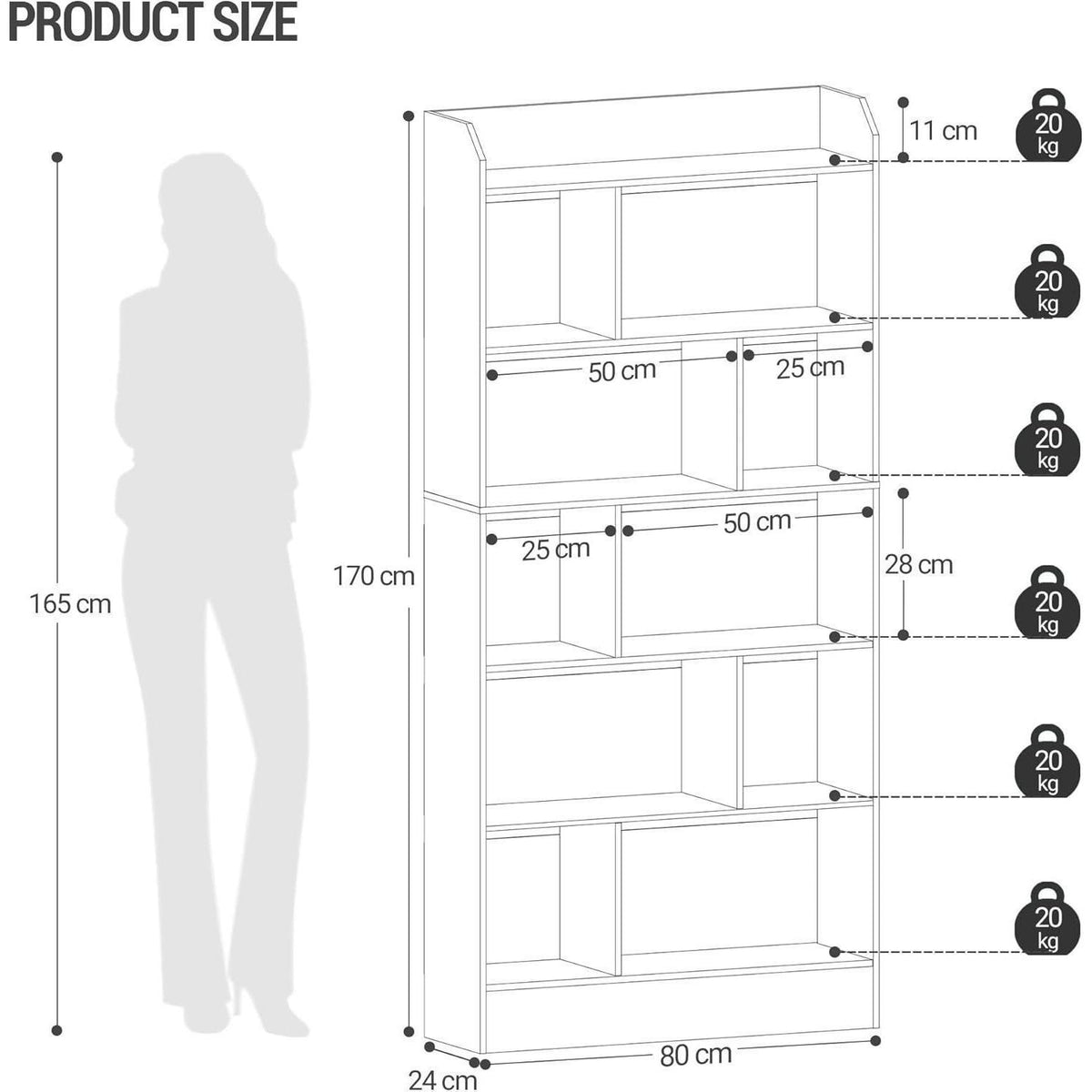6-Fach Bücherregal Schwarz – 24x80x170 cm | Standregal & Aufbewahrung