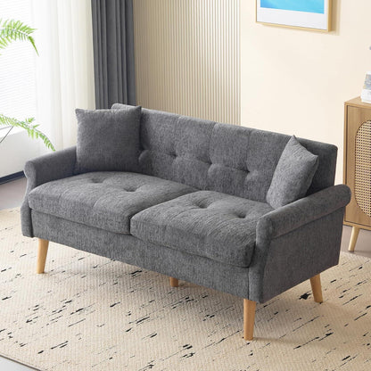 Schlafsofa Grau, 2-Sitzer Couch mit Kissen & Massivholzfüßen