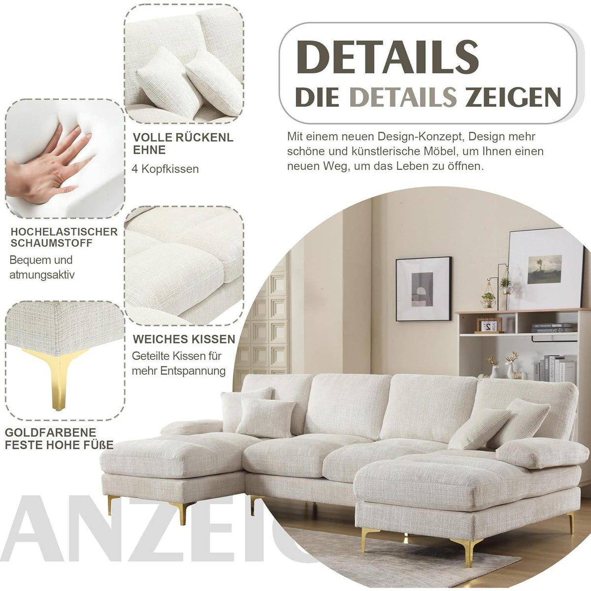Modernes Ecksofa U-Form mit Liegepositionen, Beige