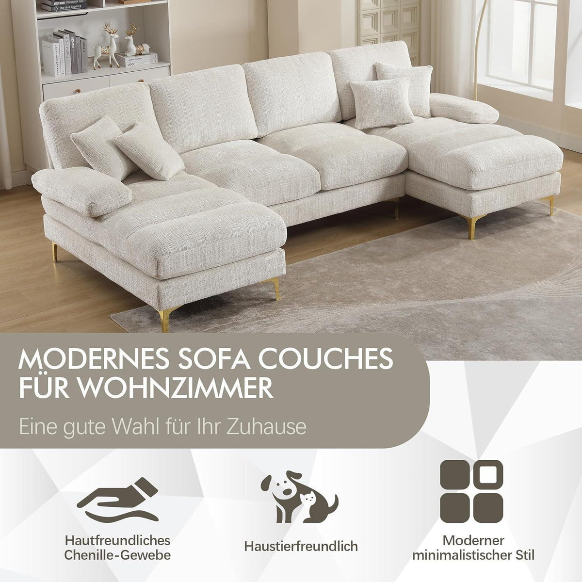 Modernes Ecksofa U-Form mit Liegepositionen, Beige