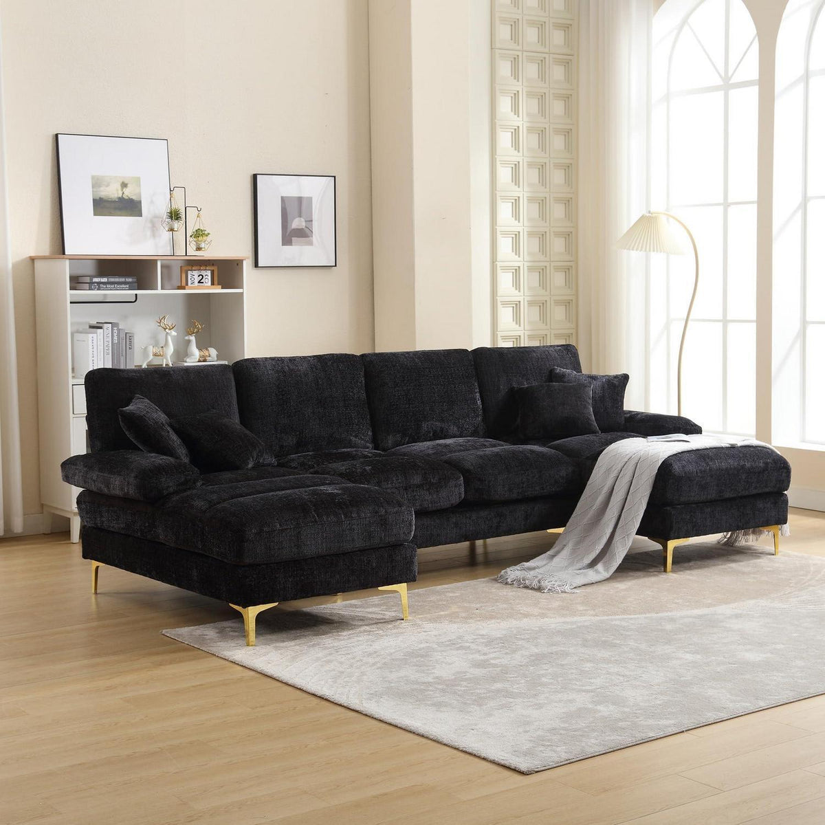 Modernes Ecksofa U-Form mit Liegefläche & Chenille-Stoff (Schwarz)
