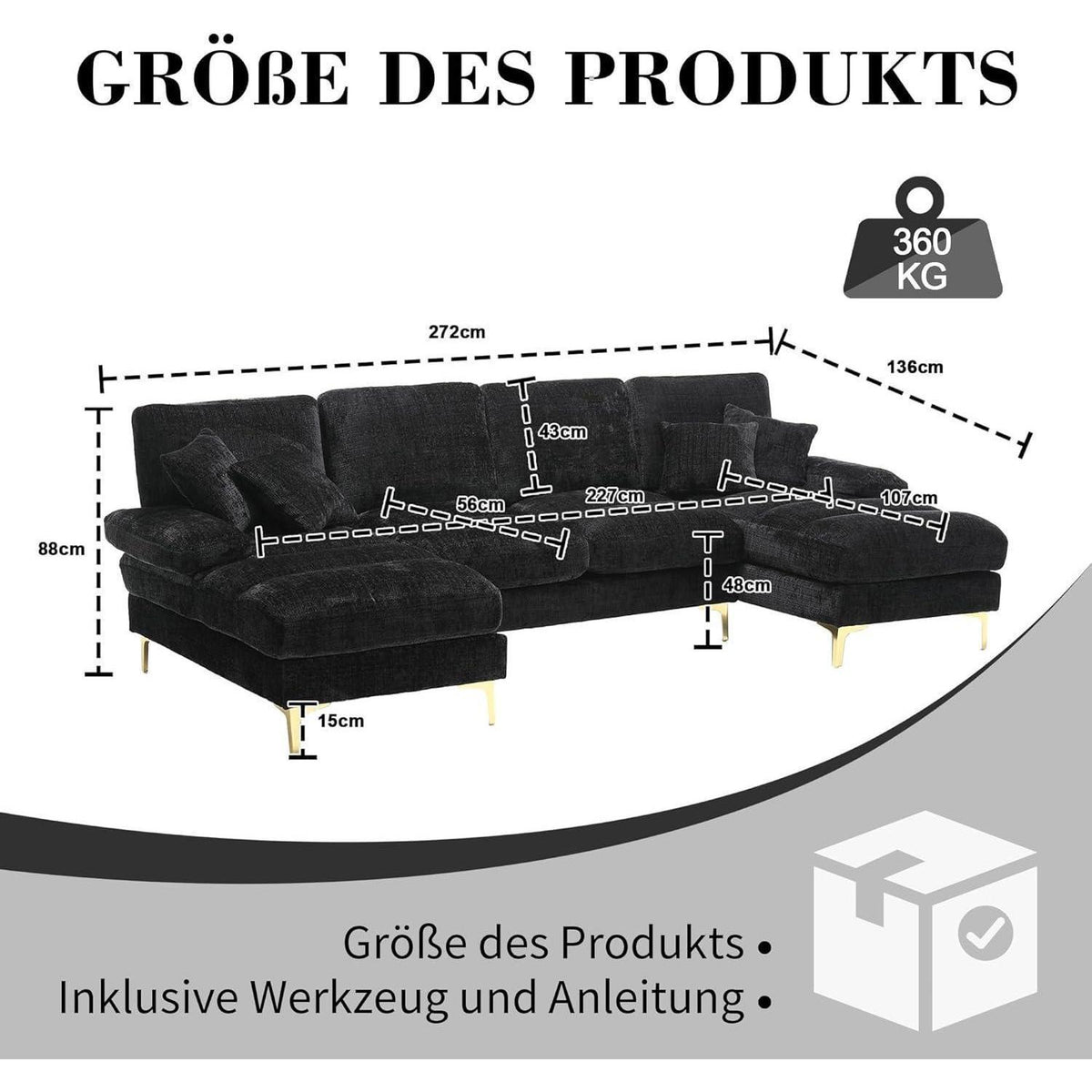 Modernes Ecksofa U-Form mit Liegefläche & Chenille-Stoff (Schwarz)
