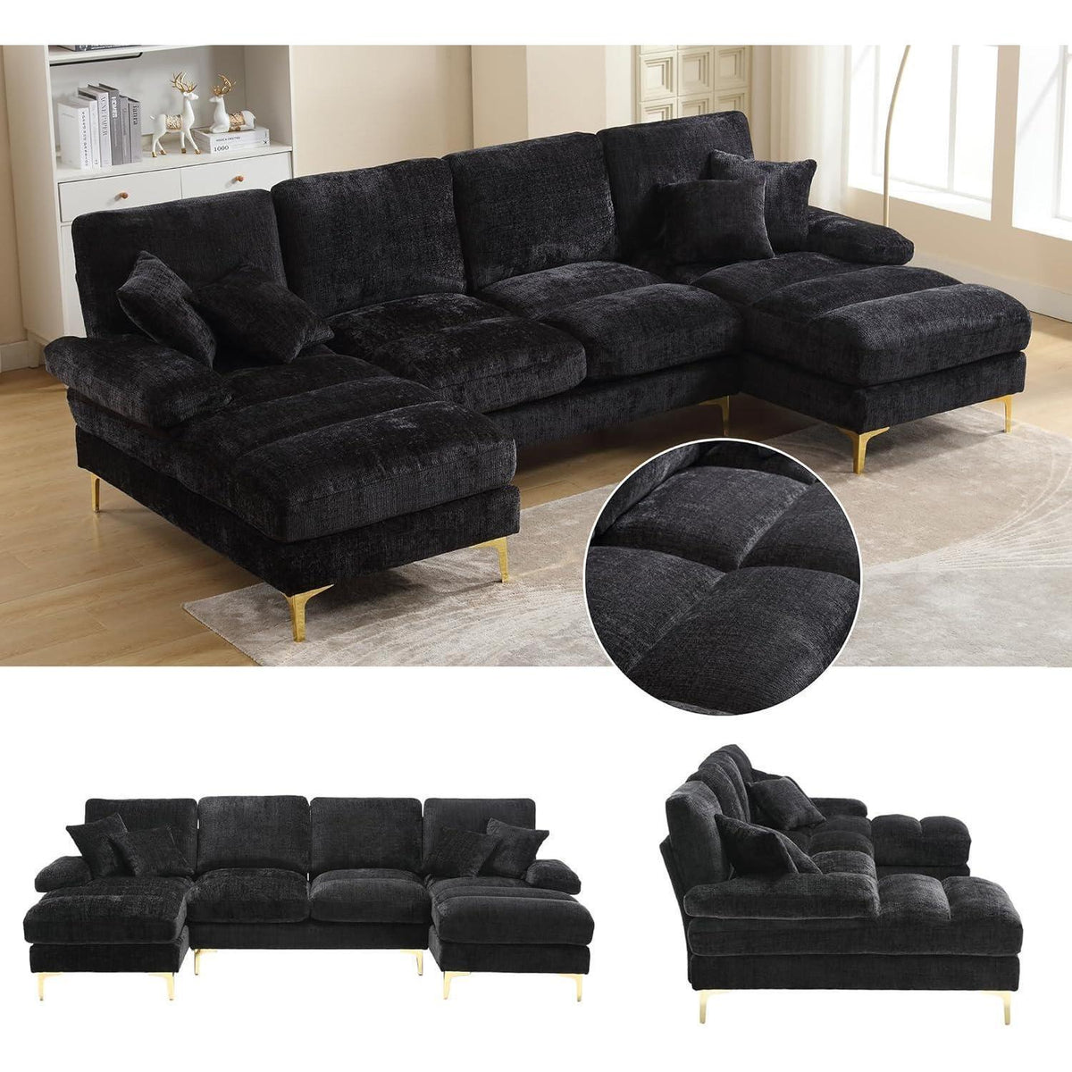 Modernes Ecksofa U-Form mit Liegefläche & Chenille-Stoff (Schwarz)