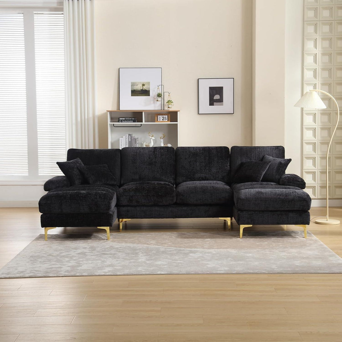 Modernes Ecksofa U-Form mit Liegefläche & Chenille-Stoff (Schwarz)