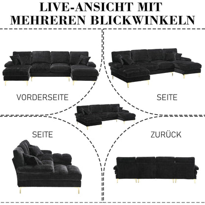 Modernes Ecksofa U-Form mit Liegefläche & Chenille-Stoff (Schwarz)