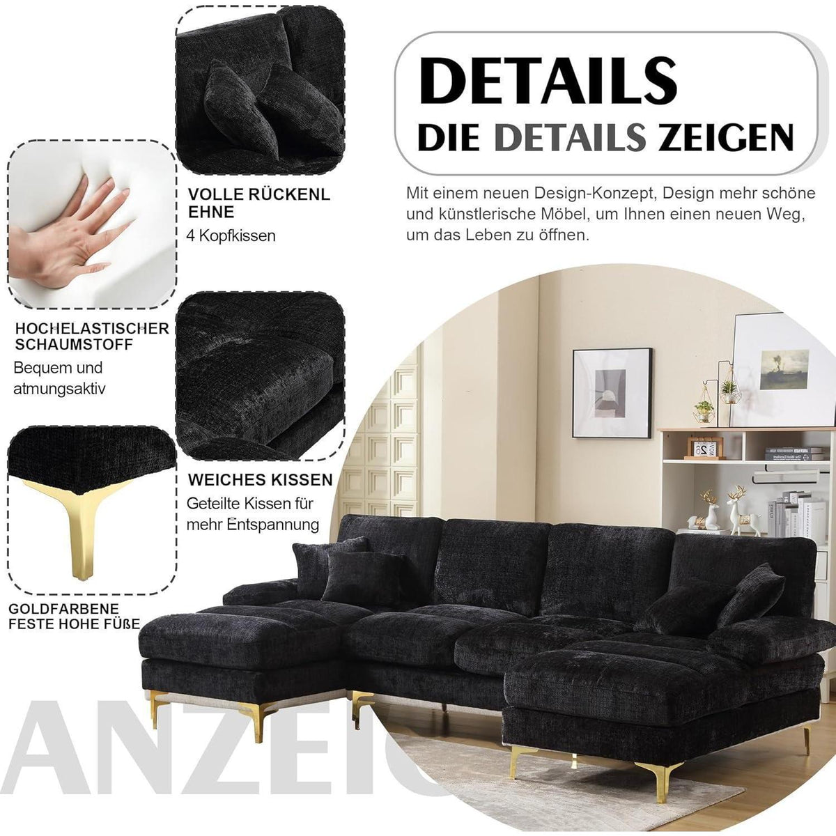 Modernes Ecksofa U-Form mit Liegefläche & Chenille-Stoff (Schwarz)