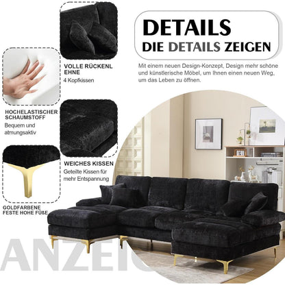 Modernes Ecksofa U-Form mit Liegefläche & Chenille-Stoff (Schwarz)