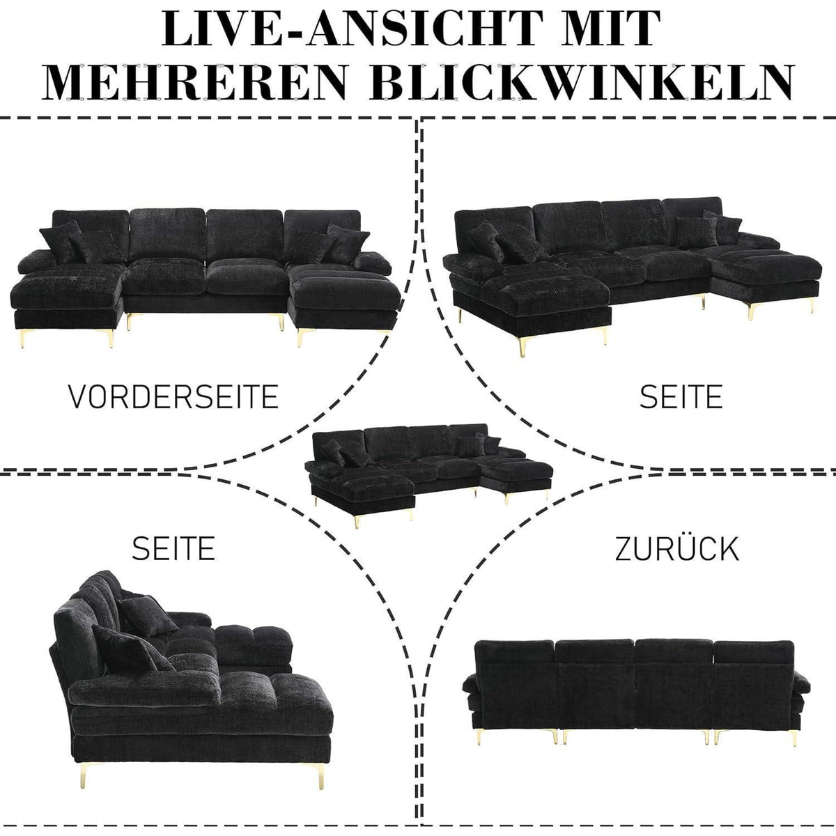 Modernes Ecksofa U-Form mit Liegefläche & Chenille-Stoff (Schwarz)
