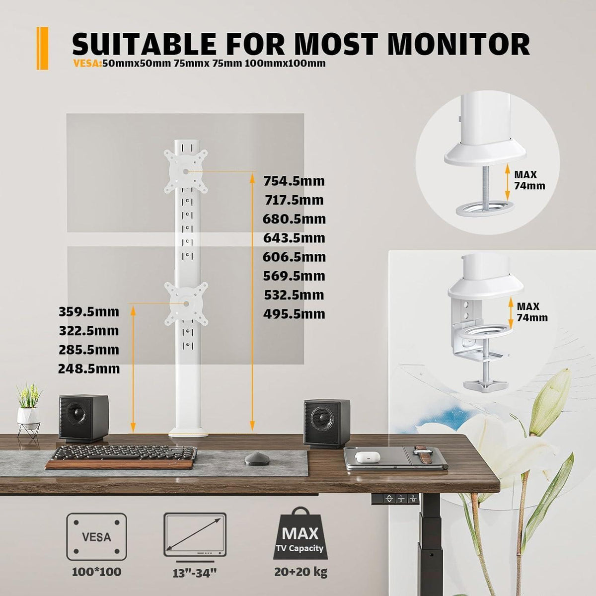 Doppelmonitor Tischhalterung, Gelenkarm für 2 Monitore, Weiß